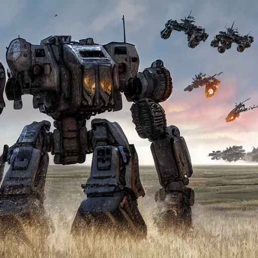 Image similar to an ultra - detailed realistic cinematic shot of a mech fighting it's final battle against a backdrop of explosions on the plains of the american midwest, mechwarrior, hyper realism, highly detailed, art, substance painter realistic mech surface metal painted scratches, 8 k