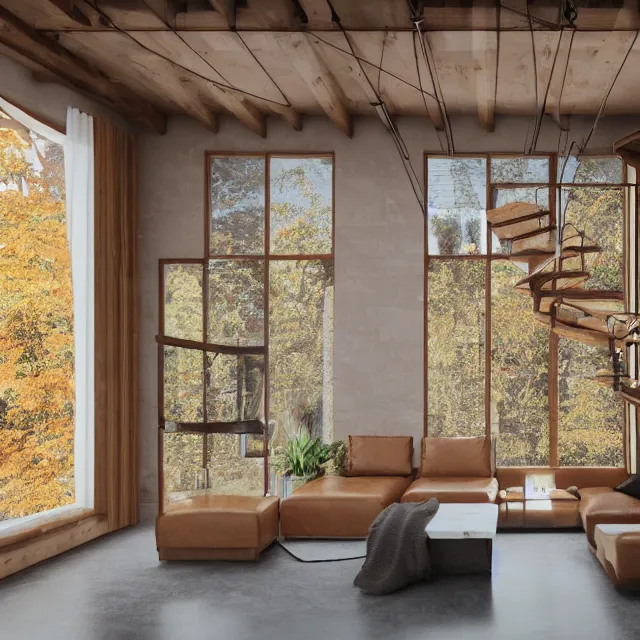 Image similar to post and beam a - frame interior, tall ceilings and loft, caramel leather couch, vintage fridge, large window in back with fall foliage, many plants hanging, marble countertops, spiral staircase, realistic, unreal engine render, octane render, hyper realistic, photo, 8 k