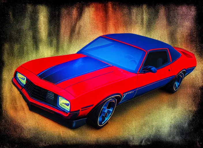 Prompt: retro wave picture of a black camaro mach 1, red and blue reflections, backlit, soft focus