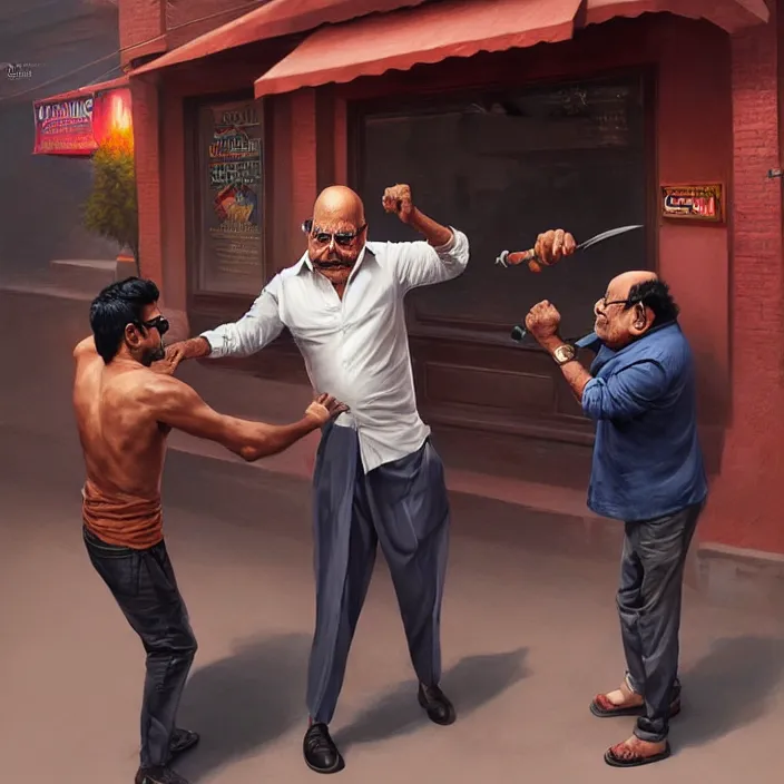 Image similar to portrait of tall indian man punching danny devito outside a bar, elegant, real life skin, intricate artwork, high detailed, artstation, concept art, smooth, sharpz focus, art by artgerm and greg rutkowski