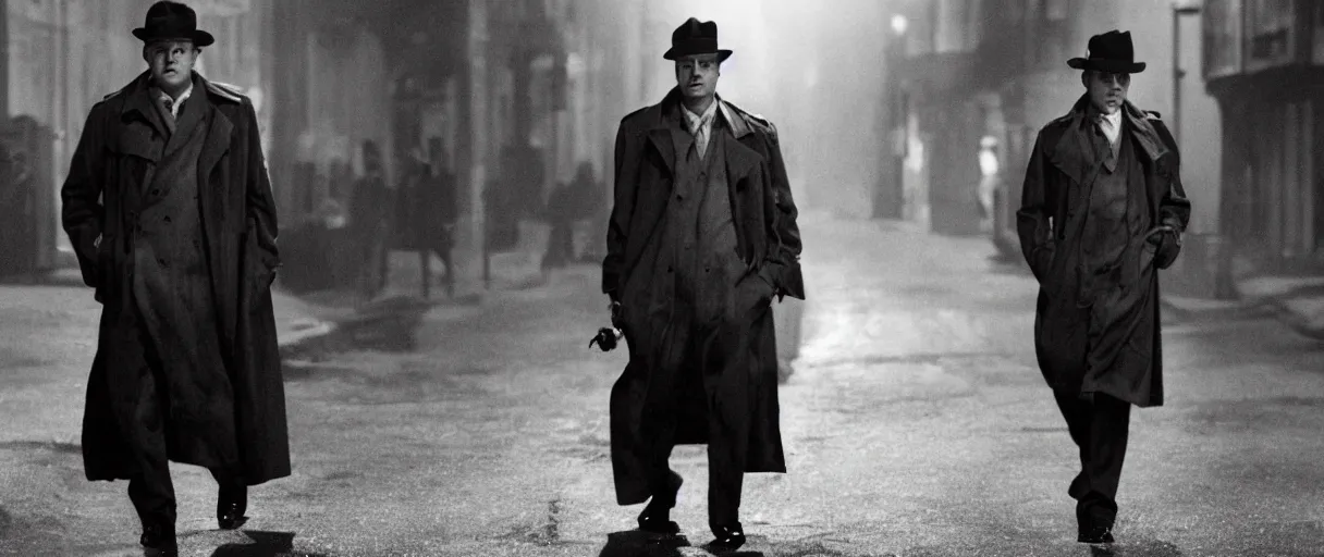 Prompt: a drunk and depressed film noir detective in a trench-coat, walking along a street; extremely detailed; film still