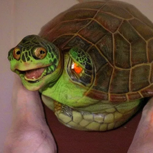 Image similar to photo of a nightmarish creepy disfigured horrific scary turtle with a nightmarishly haunted face