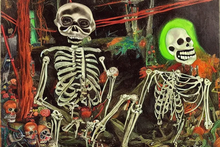 Image similar to scene from fishing, day of the dead, cyber skeleton, neon painting by otto dix