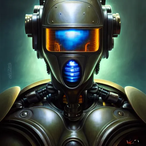 Image similar to front shot of a cyberpunk gazmask robot character, intricate, elegant, highly detailed, centered, digital painting, artstation, concept art, smooth, sharp focus, illustration, artgerm, Tomasz Alen Kopera, Peter Mohrbacher, donato giancola, Joseph Christian Leyendecker, WLOP, Boris Vallejo