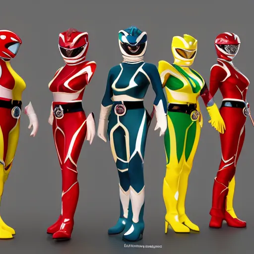 Image similar to christina hendricks as power rangers characters, 3 d render, blender,