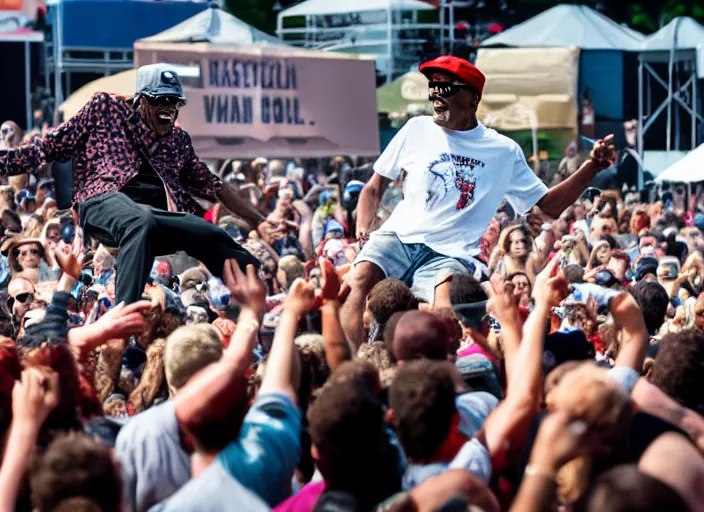 Image similar to photo still of samuel l jackson on stage at vans warped tour!!!!!!!! at age 3 3 years old 3 3 years of age!!!!!!!! stage diving into the crowd, 8 k, 8 5 mm f 1. 8, studio lighting, rim light, right side key light