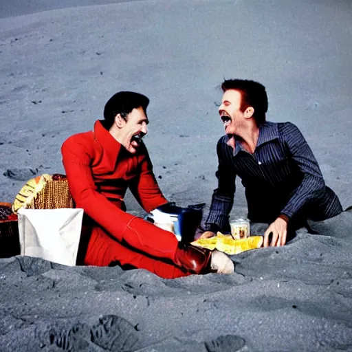 Prompt: color photography of Freddy mercury and David bowie laughing while having a picnic on the moon