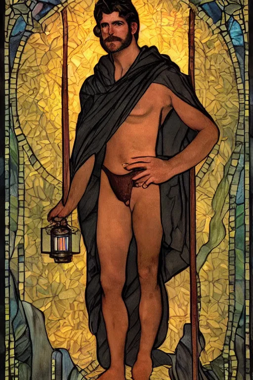 Prompt: tarot card of a shirtless handsome beefy cowboy holding a lantern | dark tela cloak, homoerotic, art deco, art nouveau | by louis comfort tiffany | trending on artstation