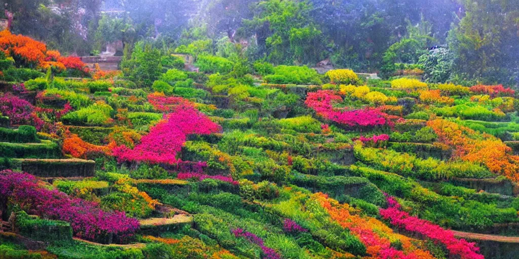 Prompt: painting of terraced gardens, beautiful, colorful, fantasy