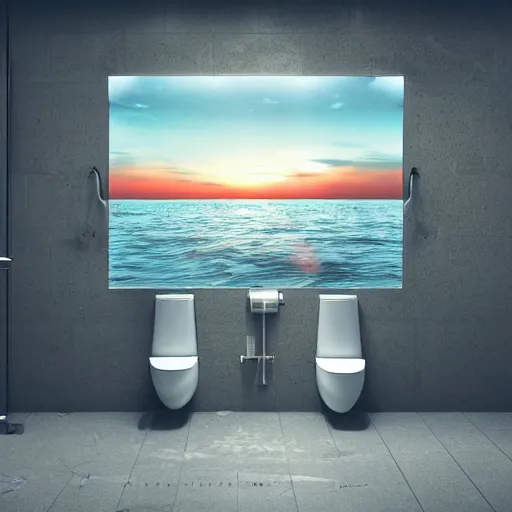 Image similar to a dirty public bathroom stall floating in the middle of the ocean, sunset, ultra realistic digital art, 4k, cgsociety, HDR, Intricate