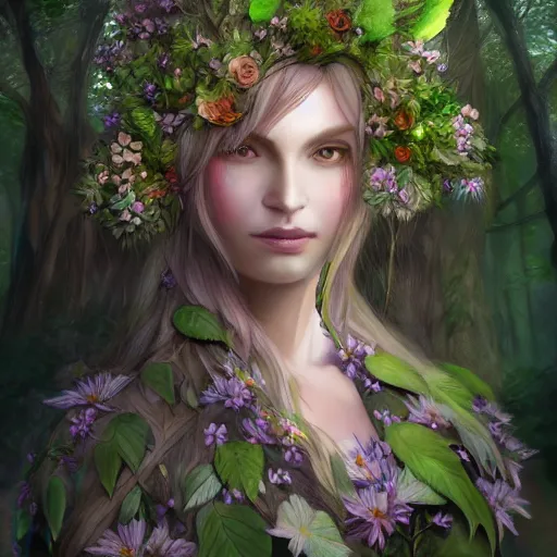 Prompt: a picture of a forest elf cloths in flowers and leaves, high fantasy, elegant, epic, detailed, intricate, digital painting, concept art, realistic, smooth, focus, rim light,