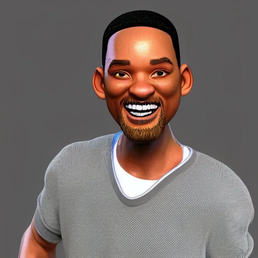Image similar to hyperdetailed 3 d cartoon render of cartoon will smith in a confident expressive pose, cartoon eyes!!!!! caricature, exaggarated facial features, cute cartoon style, white background, low angle shot, cinematic studio lighting, studio quality, octane render, unreal engine 5, trending on artstation, art by sebastian jm, 8 k