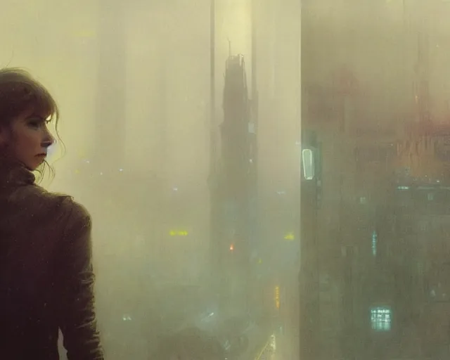 Image similar to 2 0 1 8 blade runner movie still girl look at the cityscape from roof perfect face fine realistic face pretty face neon puffy jacket blue futuristic sci - fi elegant by denis villeneuve tom anders zorn hans dragan bibin thoma greg rutkowski ismail inceoglu illustrated sand storm alphonse mucha