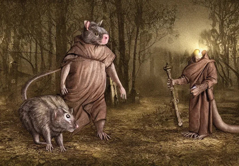 Image similar to big possum dressed like a monk at a scary medieval cemetery in the middle of the forest at night, highly detailed, photorealistic, isometric, digital art