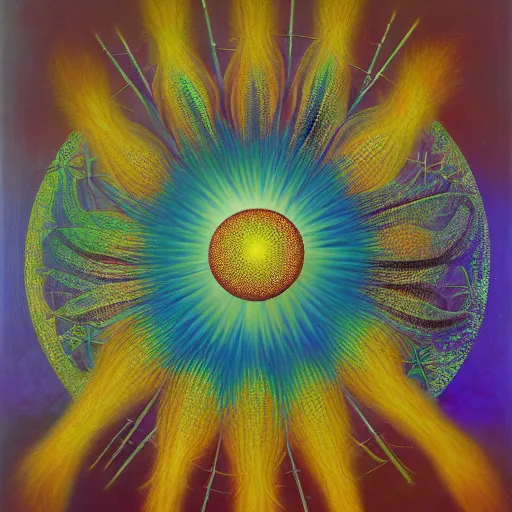 Prompt: Chrysanthemum supernova by Wojciech Siudmak, Vladimir Kush Ernst Fuchs, oil on matte canvas, backlite