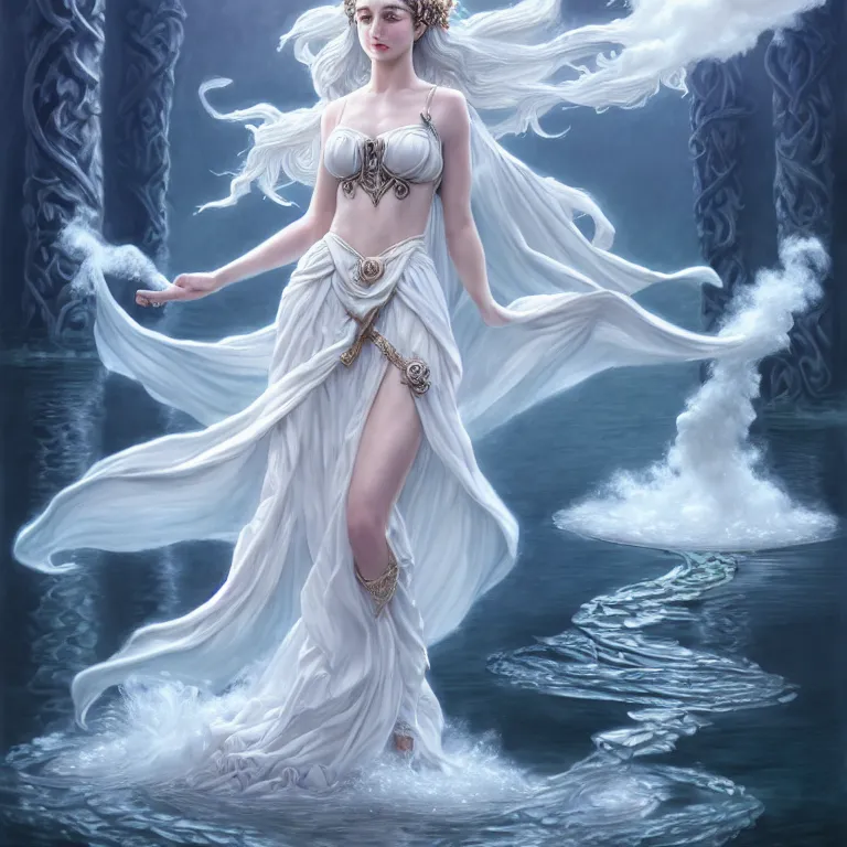 Image similar to meredit frampton style : the goddess of the lake with a large magnificent vaporous wrapped hight decorated, detailed, white roses organze cotton dress, highly detailed, d & d, water everwhere fantasy, highly detailed, digital painting, trending on artstation, concept art, sharp focus, global illumination, ray tracing, illustration, art by artgerm, fine art