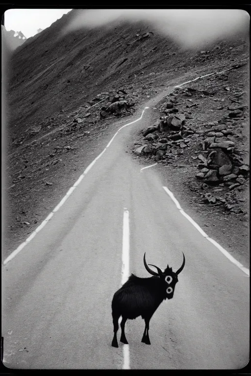 Image similar to photo polaroid of a sad and lonely child in the middle of a mountain road with many tahr on either side , Nepal,Himalayas, loneliness, black and white ,photorealistic, 35mm film,