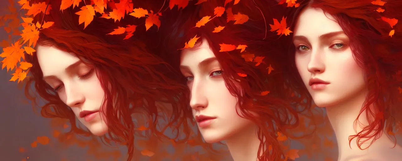 Prompt: girl with with hair becoming autumn red leaves, intricate, dreamy, digital painting, artstation, concept arti, unreal engine 5, 8 k, art by artgerm and greg rutkowski and alphonse mucha