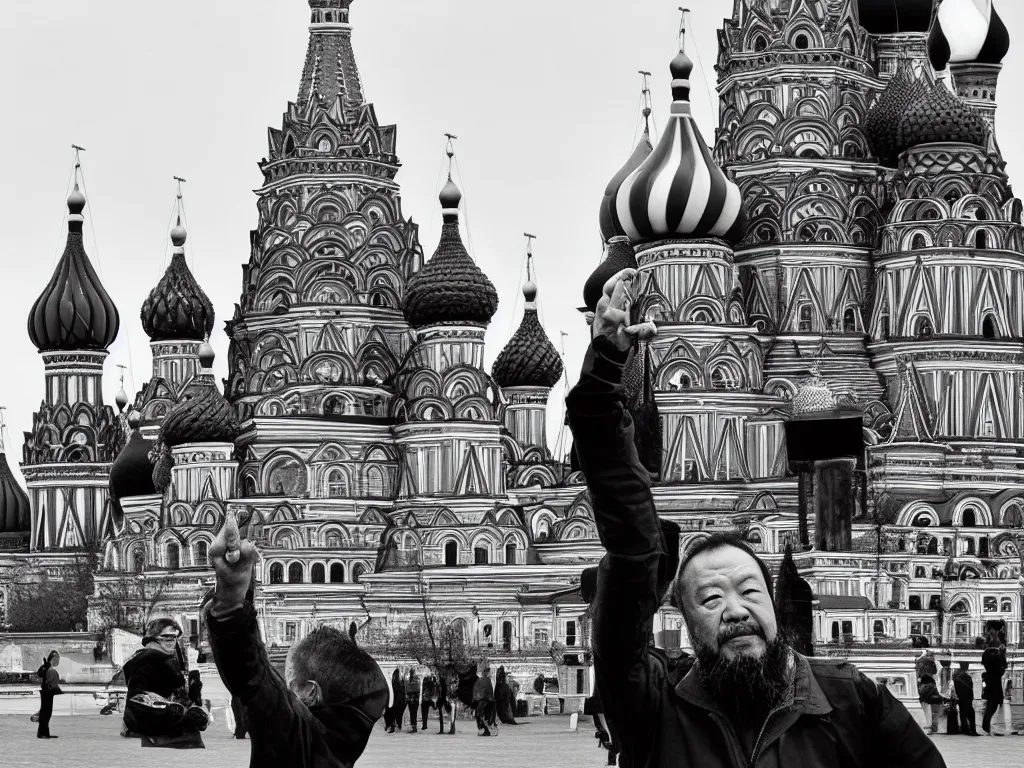 Prompt: ai weiwei black and white photograph giving the middle finger to the kremlin moscow russia