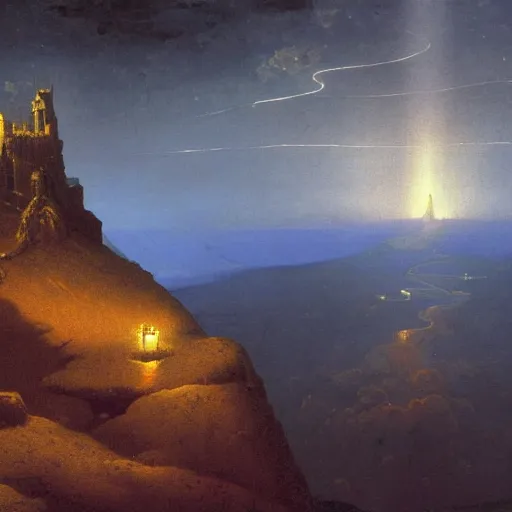 Prompt: a detailed profile oil painting of a lone medevil castle on a mountain, lightning, aurora lighting clouds and stars by beksinski carl spitzweg and tuomas korpi. baroque elements, full - length view. baroque element. intricate artwork by caravaggio. trending on artstation. 8 k