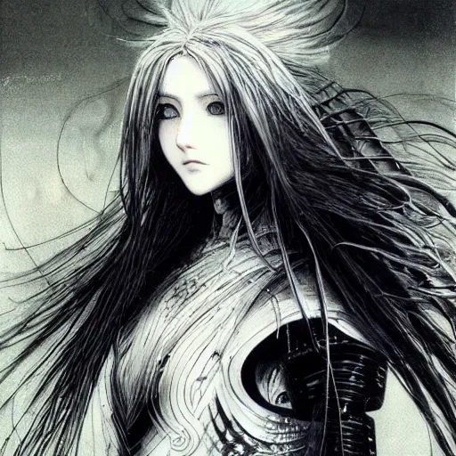 Prompt: yoshitaka amano realistic illustration of an anime girl with black eyes, wavy white hair fluttering in the wind and cracks on her face wearing elden ring armour with engraving, abstract black and white patterns on the background, noisy film grain effect, highly detailed, renaissance oil painting, weird portrait angle, blurred lost edges, three quarter view