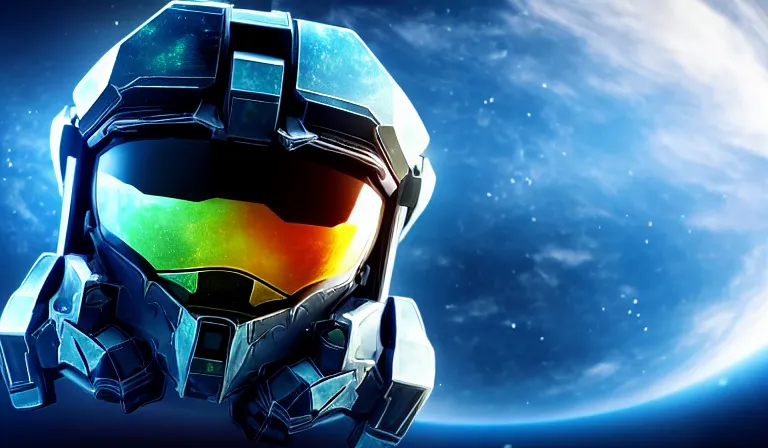 Image similar to cyberpunk halo helmet floating in space with reflections, epic, dramatic, photorealistic, award winning, 8k,