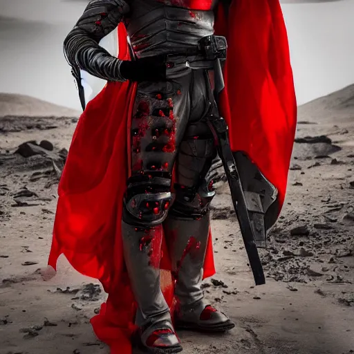 Image similar to a tall muscular soldier, wearing blood - spattered glossy sleek white dinged scuffed armor and a long torn red cape, heroic posture, determined expression, gritty, no helmet, on the surface of mars, dramatic lighting, cinematic, sci - fi, hyperrealistic, detailed