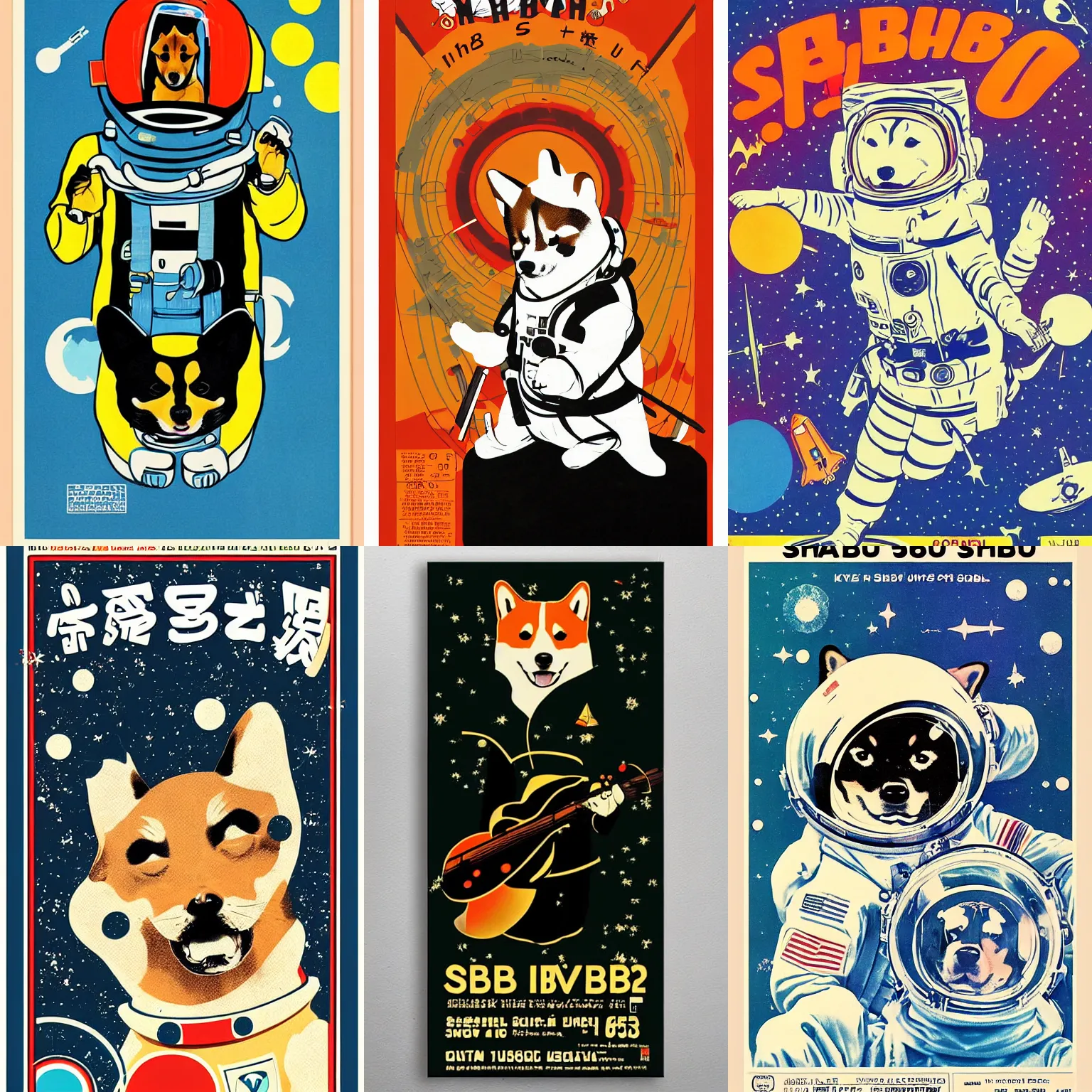 Prompt: Shiba Inu cosmonaut, 60s poster, in the style of a music poster 1968