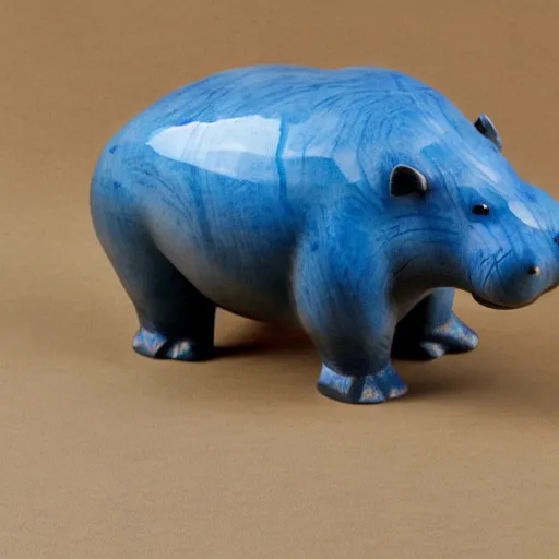 Image similar to a small hippo statue carved from natural wood on the bottom and polished blue resin on the top