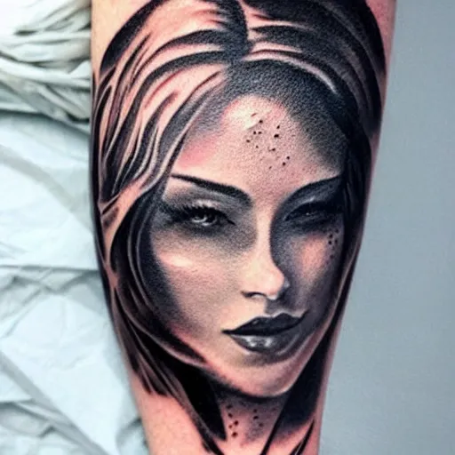 Image similar to a tattoo design of a beautiful girl faded in a mountain scene, in the style of den yakovlev, hyper - realistic, amazing detail