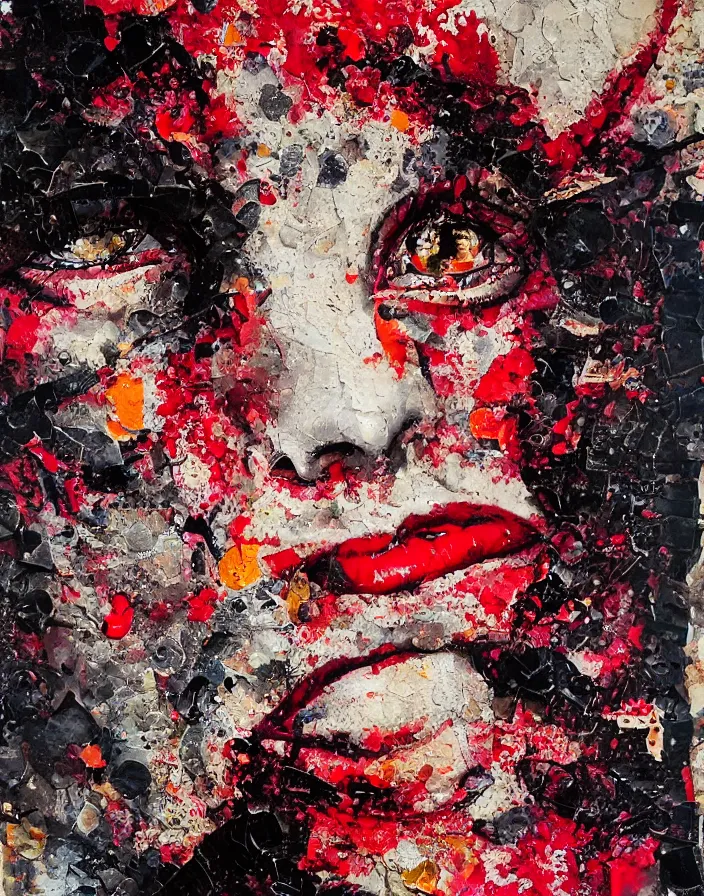 Prompt: passionate lips and burning eyes of our youth detailed and highly reliefed analogue collage with canvas texture in style of conteporary art, punk art, dadaism, photorealistic, expressionism, masterpiece, perfect composition, wide paint splatters, light color difference, spectacular quality, intricate oil details