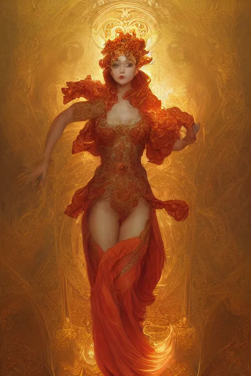 Image similar to tarot card artstation, portrait of a gorgeous love dancer, sunrise, baroque ornament and rococo ornament, ancient chinese ornate, hyperdetailed, beautiful lighting, craig mullins, mucha, klimt, yoshitaka amano, red and gold and orange color palette