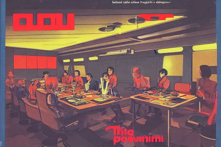 Prompt: 1979 OMNI Magazine Cover of an underground meeting around a table. On the table are blueprints of a robot. Location in neo-Tokyo in cyberpunk style by Vincent Di Fate