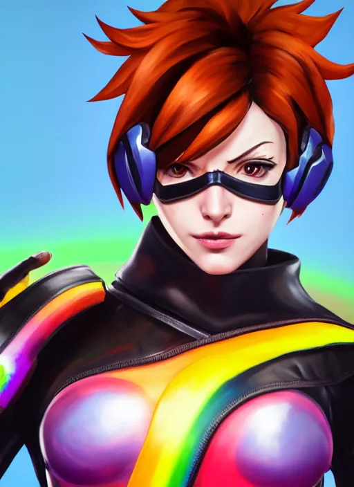 Image similar to overwatch style oil painting portrait of tracer overwatch, confident pose, wearing black iridescent rainbow latex, rainbow, neon, 4 k, expressive surprised expression, makeup, wearing black choker, wearing sleek armor, studio lighting, black leather harness, expressive detailed face and eyes,