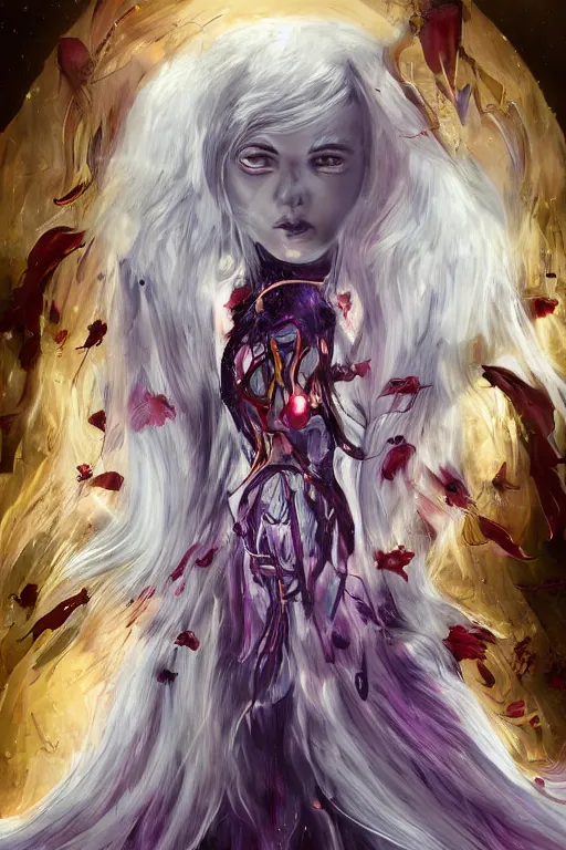 Prompt: A girl with a marble face, flowing silver-violet hair, stands with her arms spread out against the background of a blood-purple cloud in golden light, red streams flow through her body, skulls and bones of hands crawl out of the ground, dark red drops fly around, Anachronism, painting, dark fantasy, steampunk, 4k