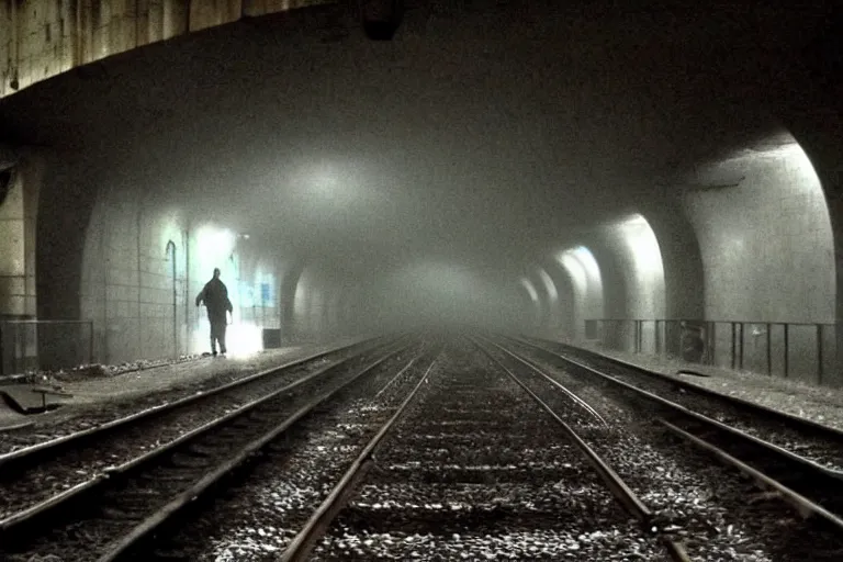 Prompt: very large giant mutant zombie irradiated ( angry rat ) staying on railways in tonnel of moscow subway. tonnel, railways, giant angry rat, furr, fangs, claws, very realistic. fog, silent hill style, extreme long shot, herman nitsch, giger.