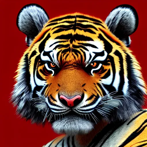 Prompt: a tiger wearing ultra heavy combat armour with red and black color hyperdetailed photorealistic digotal art aesthetic cool character design by charles bowater artger highly detailed detailed face 8k cinematic deviantar artstation