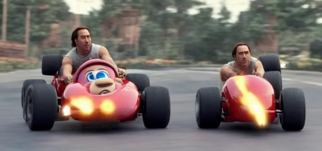 Prompt: nicholas cage in a mario kart, movie still, from the new fast and furious movie, hd, 8 k