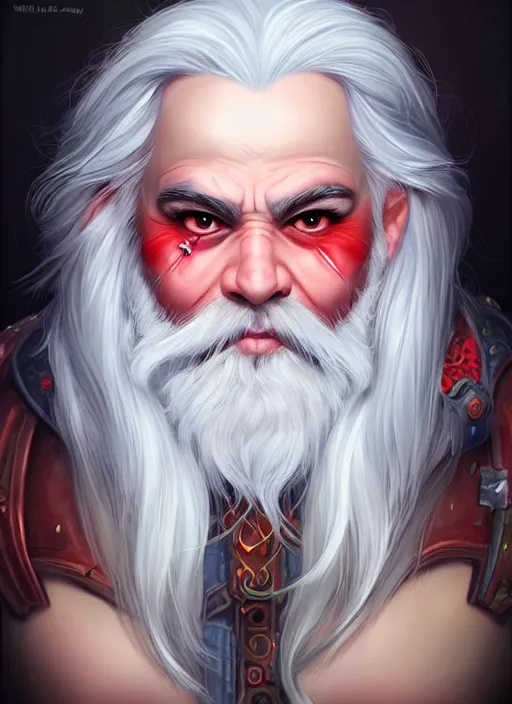 Image similar to dwarf with white hair, red iris, long beard, pale snow white skin, full body character portrait, colorful, highly detailed, digital art by artgerm