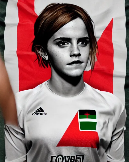 Image similar to a portrait of emma watson wearing lokomotiv football shirt, hyper realistic