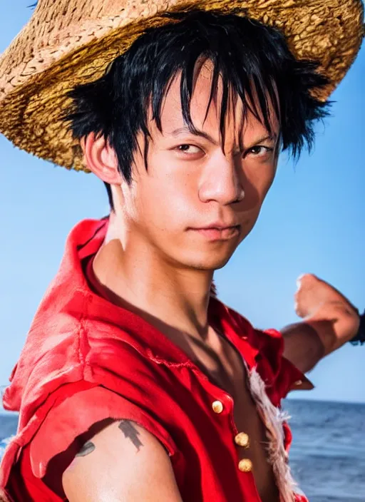 Image similar to A full portrait photo of real-life luffy one piece, f/22, 35mm, 2700K, lighting, perfect faces, award winning photography.