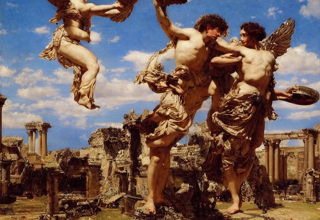 Prompt: the god of love eros soaring in the skies with apollo, ancient ruins by lawrence alma - tadema style