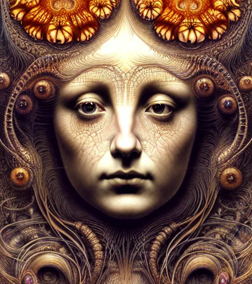 Prompt: detailed realistic beautiful amber goddess face portrait by jean delville, gustave dore, iris van herpen and marco mazzoni, art forms of nature by ernst haeckel, art nouveau, symbolist, visionary, gothic, neo - gothic, pre - raphaelite, fractal lace, intricate alien botanicals, biodiversity, surreality, hyperdetailed ultrasharp octane render
