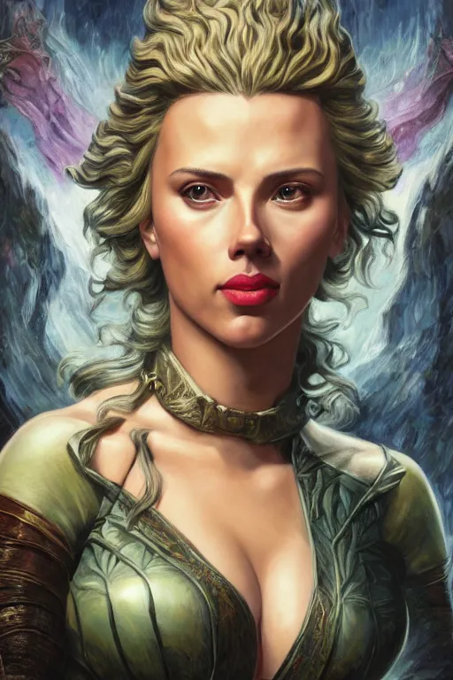 Image similar to A fantasy comic book style portrait painting of Scarlett Johansson, Margot Robbie, as an Atlantean Reptilian Warrior, Mystical Valkyrie, François Boucher, Oil Painting, unreal 5, DAZ, hyperrealistic, octane render, Regal, Refined, Detailed Digital Art, RPG portrait, William-Adolphe Bouguereau, Michael Cheval, Walt Disney (1937), Steampunk, dynamic lighting, Highly Detailed, Cinematic Lighting, Unreal Engine, 8k, HD