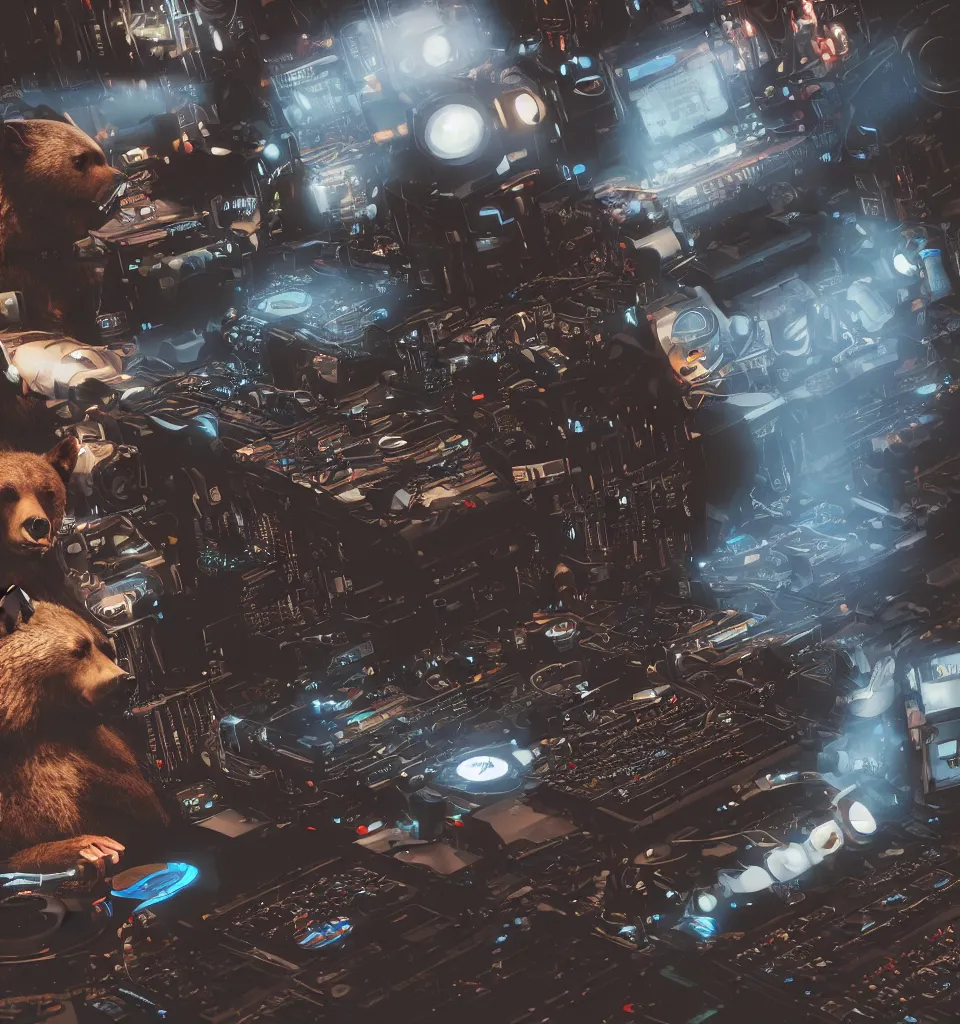 Image similar to an anthropomorphic cyborg grizzly bear dj mixing records on stage, photorealistic, highly detailed, illustration, lifelike, highly detailed, intricate, octane render, sharp focus, cyberpunk,