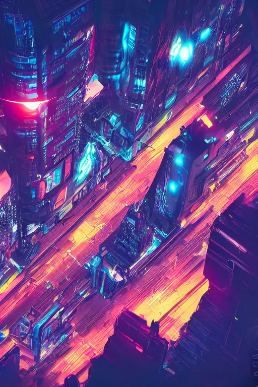 Prompt: cyberpunk city with a flight vehicle glowing in the sky, neon sign, bottom view, wide shot, bladerunner, digital illustration, concept art