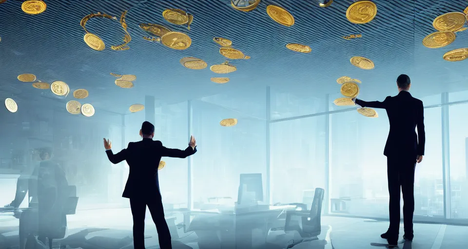 Image similar to Dramatic photo of a CEO waving goodbye to silhouettes of his coworkers in a futuristic office. Golden coins are levitating all around them. 8k, high detail, trending on Artstation, volumetric lighting, cyberpunk