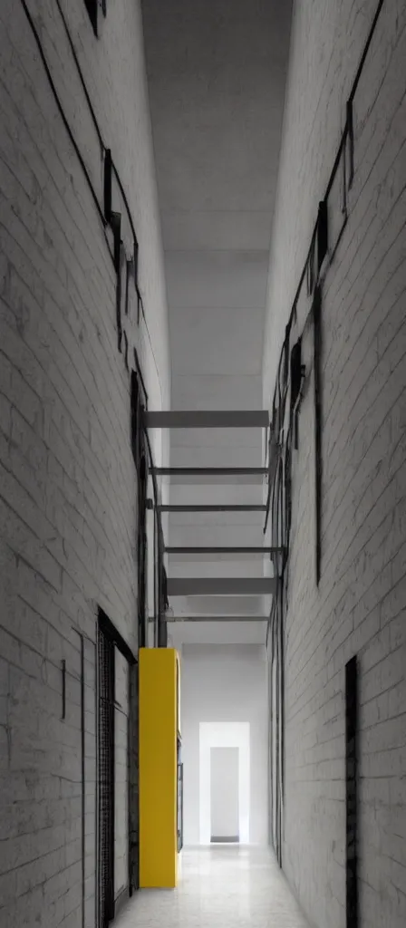 Prompt: colorful minimalist industrial interior stairwell with monolithic pillars in the style of ridley scott and stanley kubrick, impossible stijl architecture, lone silhouette in the distance, ultra wide angle view, cinematic, god rays, volumetric lighting, realistic detailed painting by edward hopper