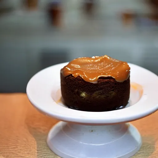 Image similar to a caramel toffee soufflé, cooked by a professional chef named santonio