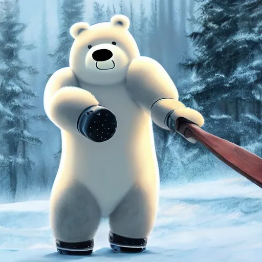 Image similar to ice bear as a robot with an axe from we bare bears in san fransisco, 8 k, weta pixar disney hyper realistic cinematic still